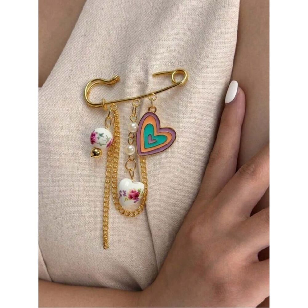 Gold Safety Pin Brooch with Multicolor Heart and Floral Charms R 535